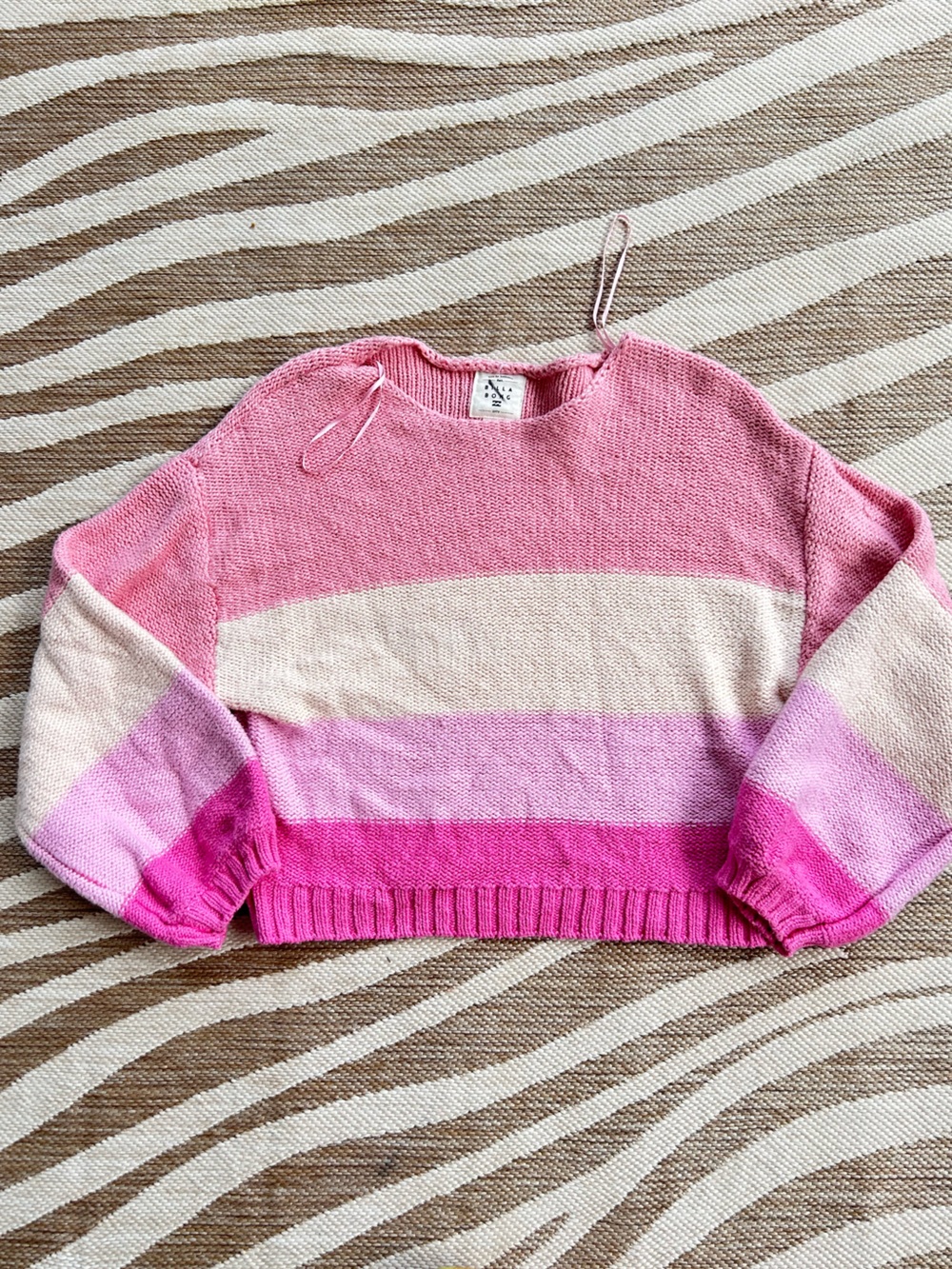 Billabong Striped Pink Chunky Knit Crewneck Sweater with balloon sleeves - L